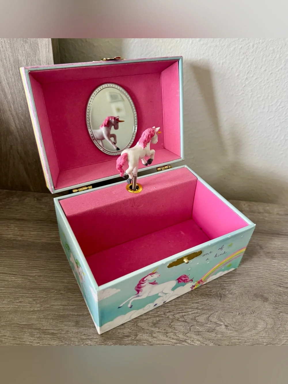Girl's Musical Jewelry Storage Box with Spinning Unicorn, 6 x 4.65 x 3.5 inches